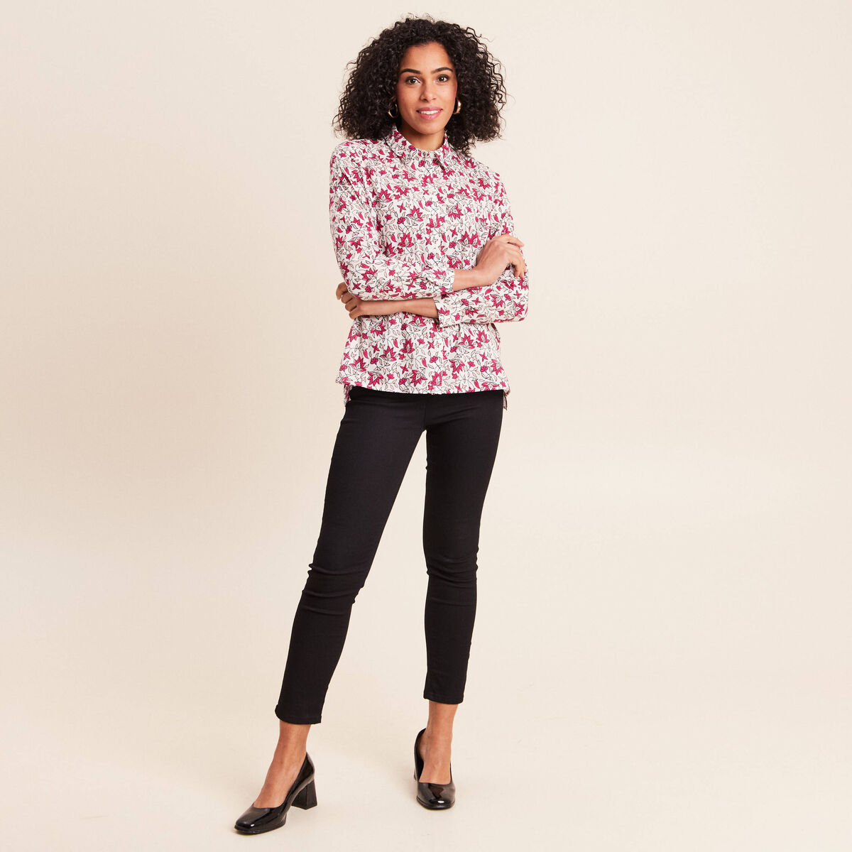 Chemise droite manches longues fluide rose femme