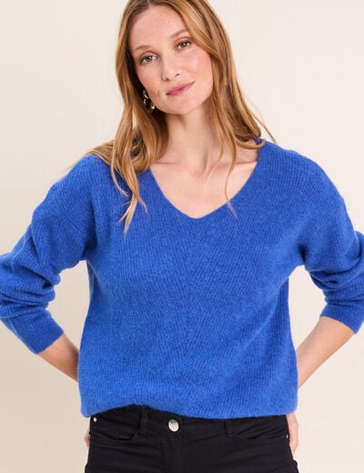 Pull col v bleu electrique femme