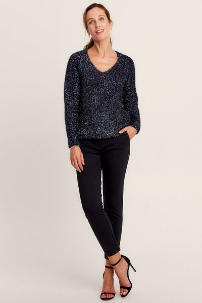 Pull manches longues col en V bleu marine femme