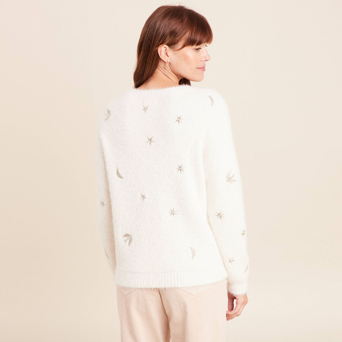 Pull brod&eacute; manches longues ecru femme