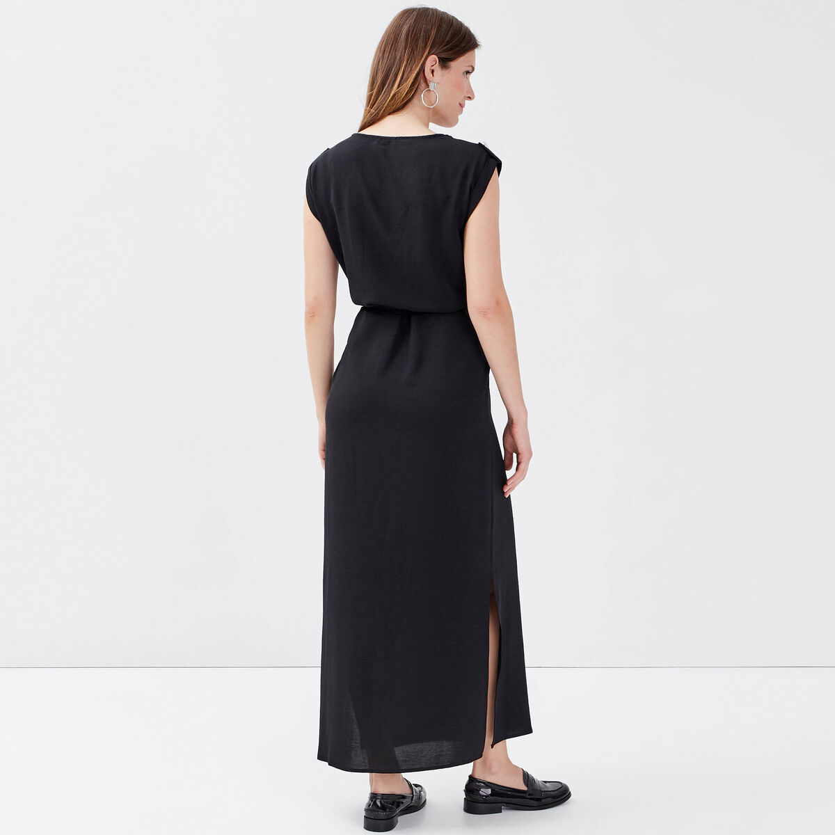 Robe longue droite ceinturée noir femme
