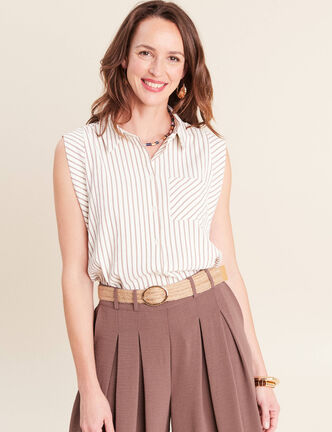 Chemise sans manches col chemise fluide taupe femme