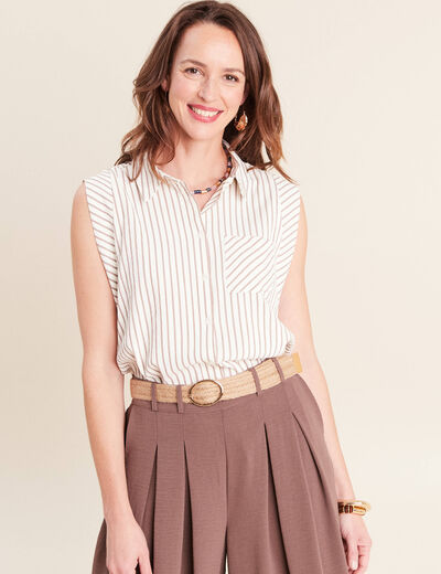 Chemise sans manches col chemise fluide taupe femme