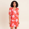 Robe courte &eacute;vas&eacute;e col v manches coudes rouge femme