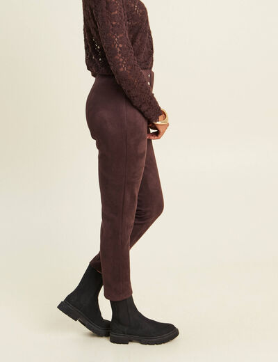 Legging 7/8&egrave;me taille haute aspect daim marron fonc&eacute; femme