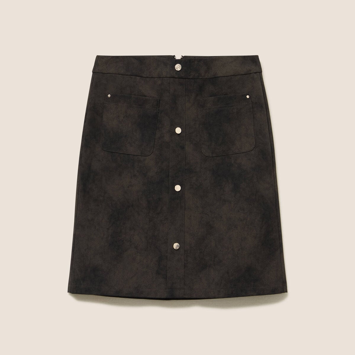 Jupe droite courte en similicuir vert kaki femme