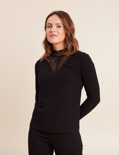 T-shirt cintr&eacute; col montant dentelle noir femme
