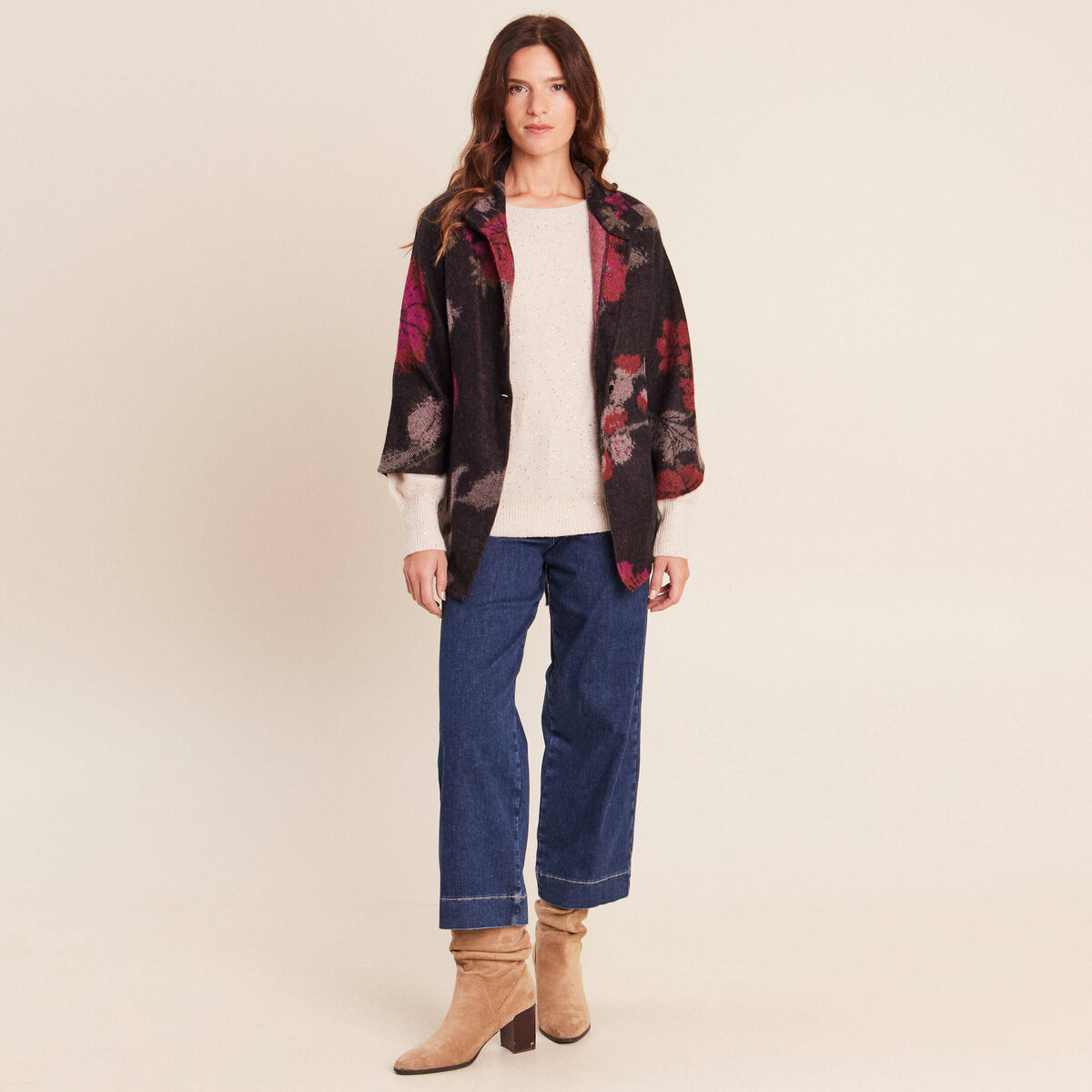 Poncho ceintur&eacute; jacquard multicolore femme