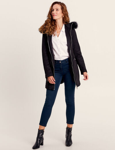 Manteau cintré suédine capuche noir femme