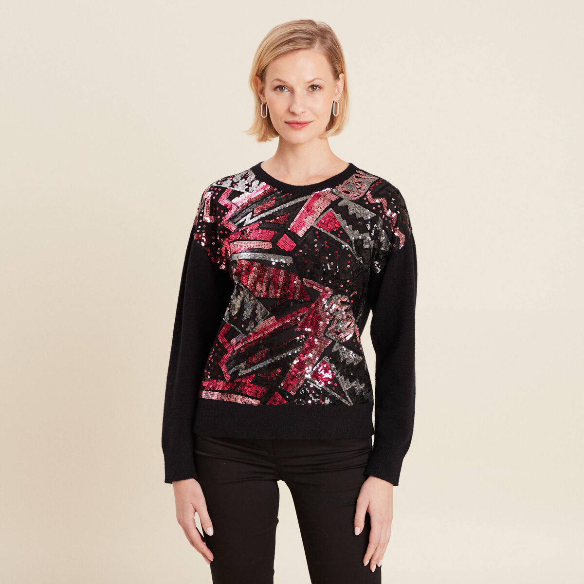Pull manches longues sequins noir femme