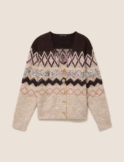 Cardigan jacquard col rond marron femme