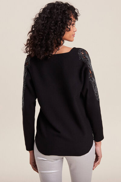 Pull manches longues strass noir femme