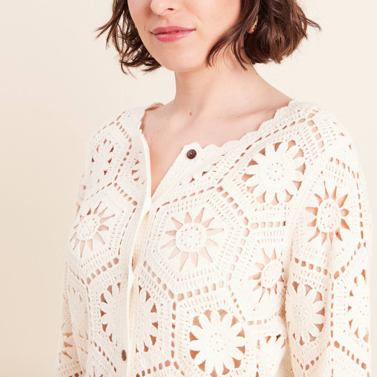 Gilet manches longues aspect dentelle ecru femme