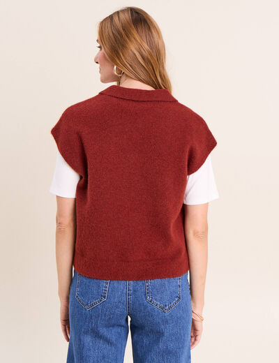 Pull sans manches col chemise orange fonc&eacute; femme