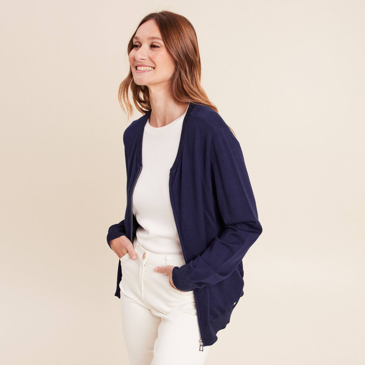 Gilet droit mi-long manches longues bleu marine femme