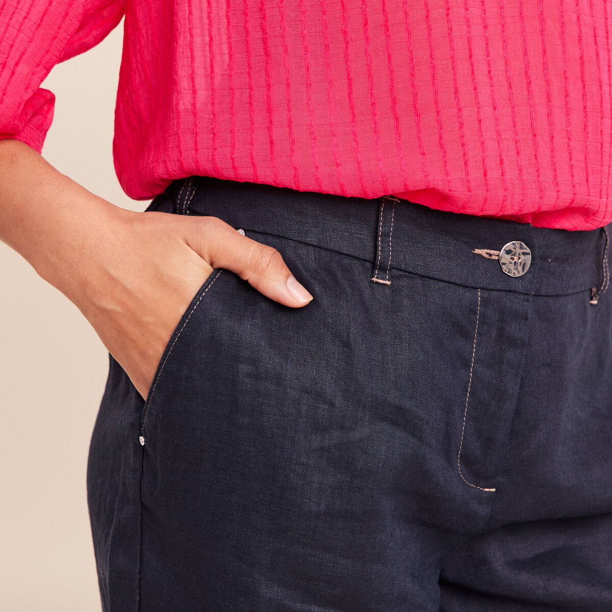 Pantalon large taille standard bleu fonc&eacute; femme