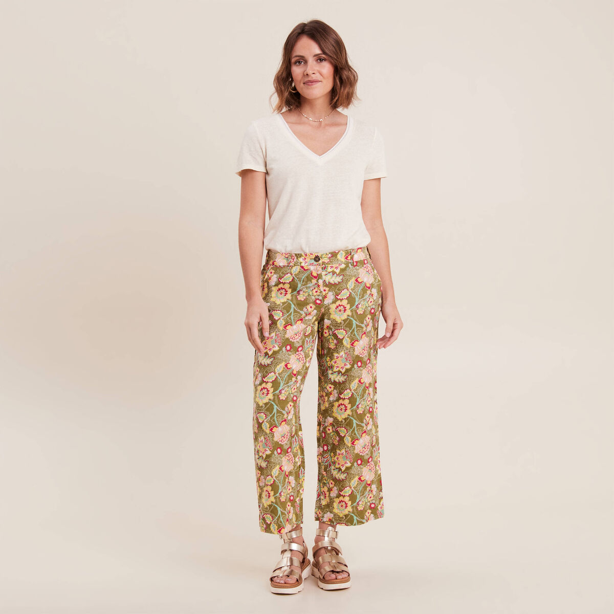 Pantalon large 7/8ème vert kaki femme