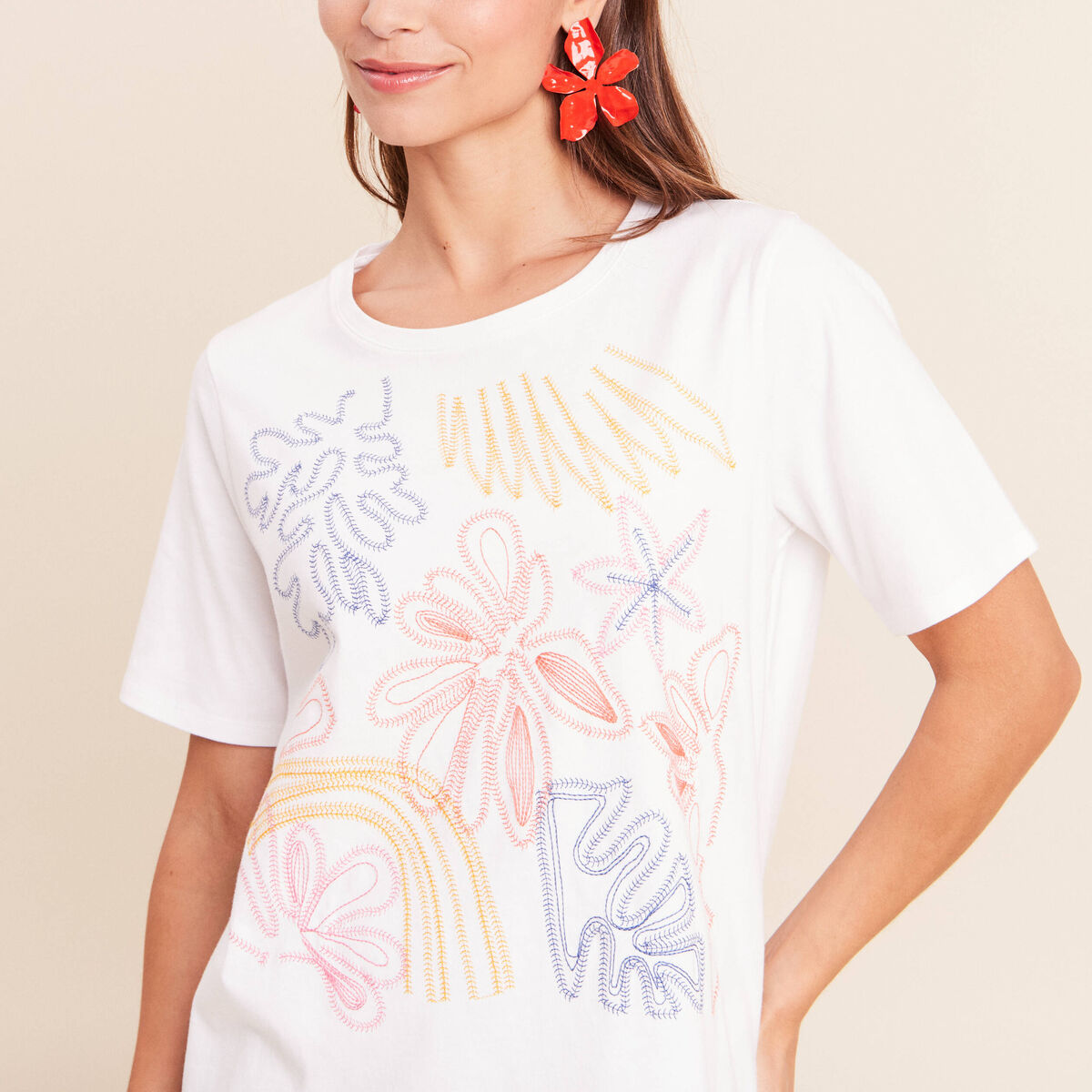 T-shirt col rond manches courtes brod&eacute; blanc femme