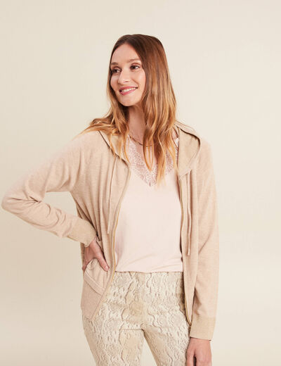 Gilet droit mi-long à capuche creme femme