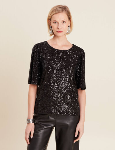 T-shirt manches 3/4 sequins noir femme