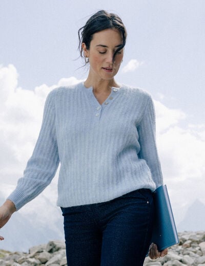 Pull col tunisien denim snow gris femme