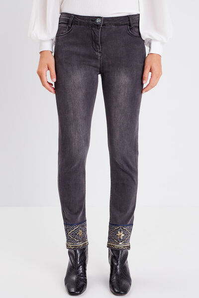 Jean ajusté avec sequins denim gris femme
