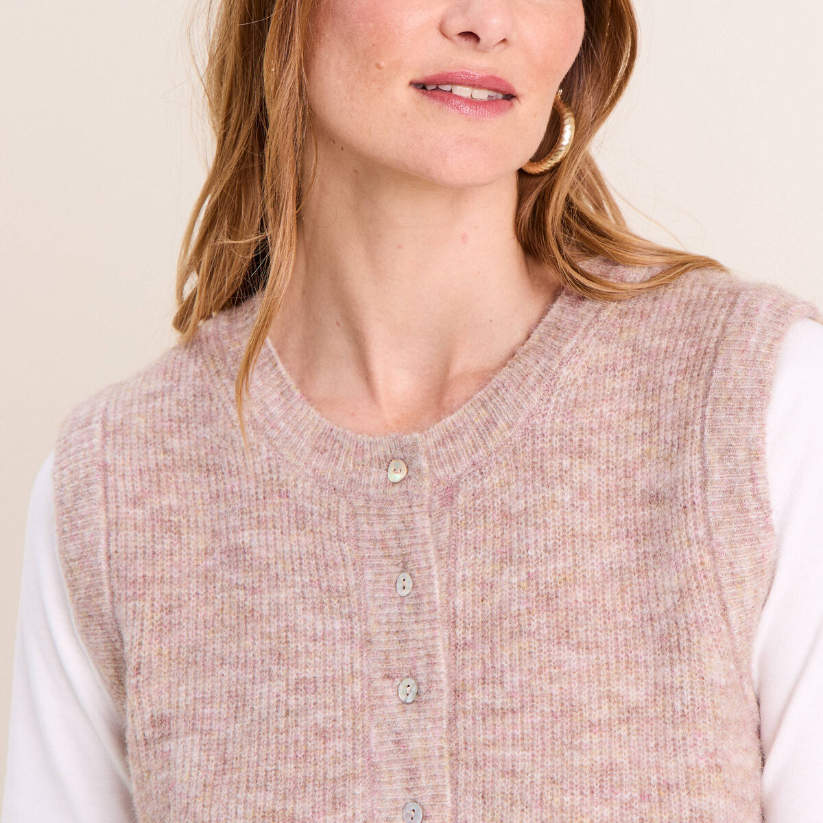 Gilet droit mi-long sans manches creme femme