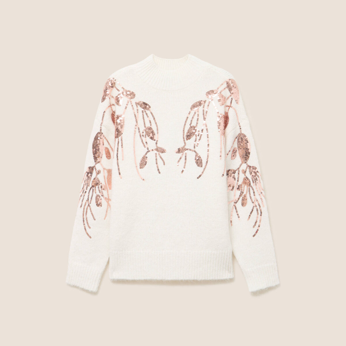 Pull col rond manches longues sequins ecru femme