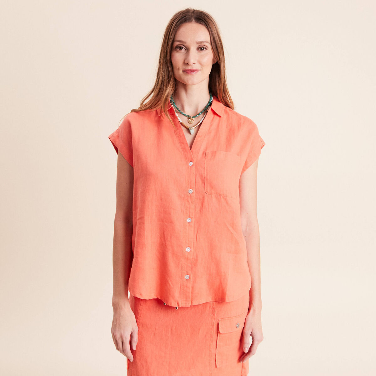 Chemise ample manches courtes aspect lin orange fluo femme
