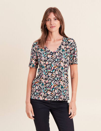 T-shirt col V manches courtes bleu femme