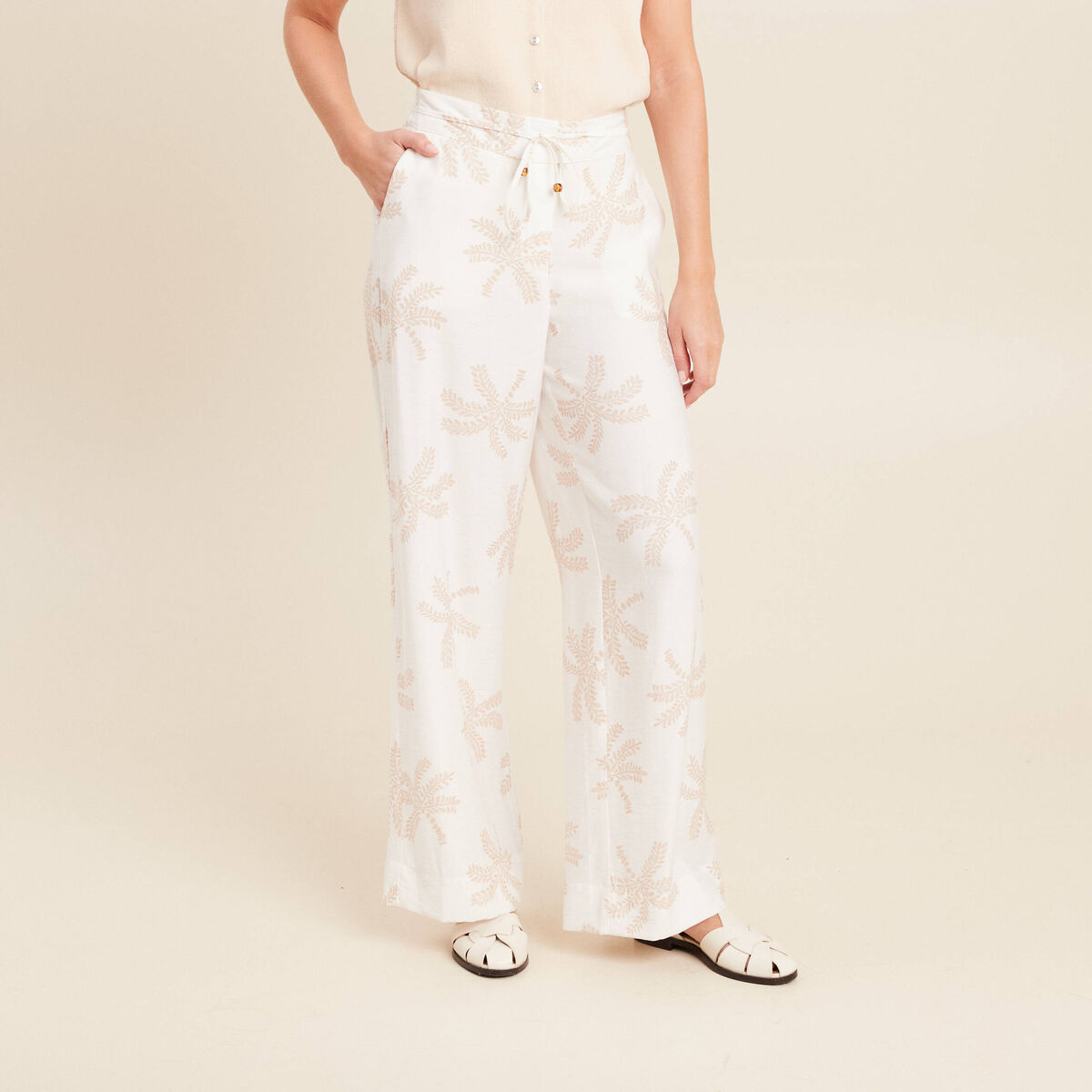 Pantalon large taille haute beige femme