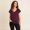 T-shirt col v manches courtes en lin prune femme