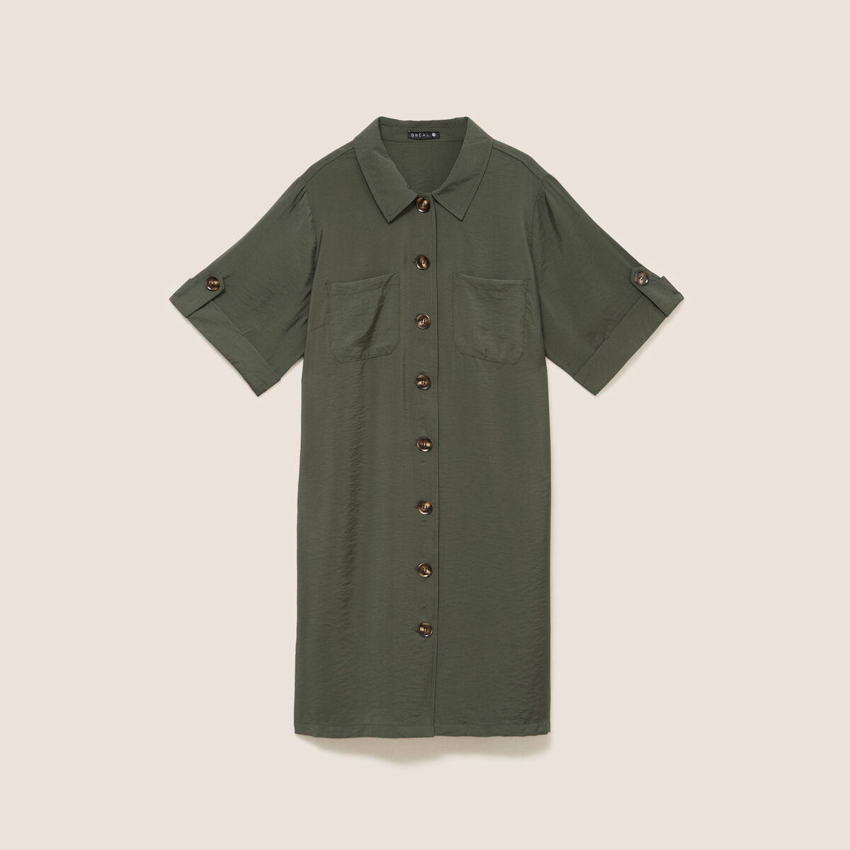 Robe droite courte col chemise vert kaki femme