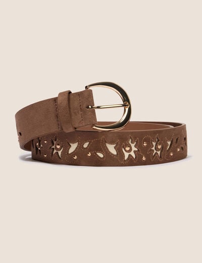 Ceinture large aspect daim iris&eacute; taupe femme