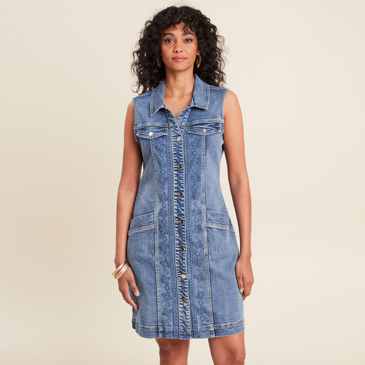 Robe droite brod&eacute;e en jean denim double stone femme