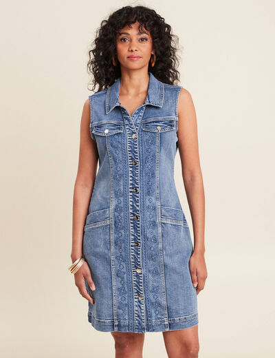 Robe droite brodée en jean denim double stone femme