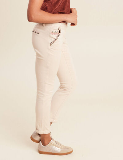 Pantalon chino brodé 7/8ème denim beige femme