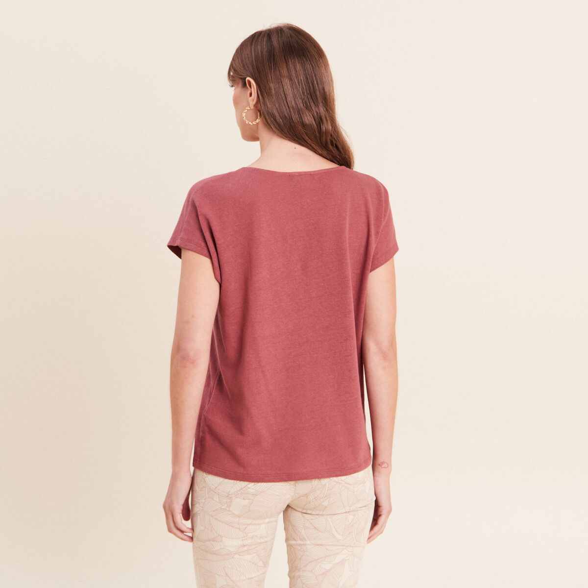 T-shirt col v manches courtes aspect lin vieux rose femme