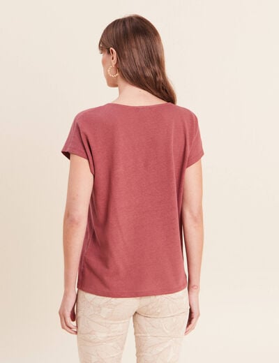 T-shirt col v manches courtes aspect lin vieux rose femme