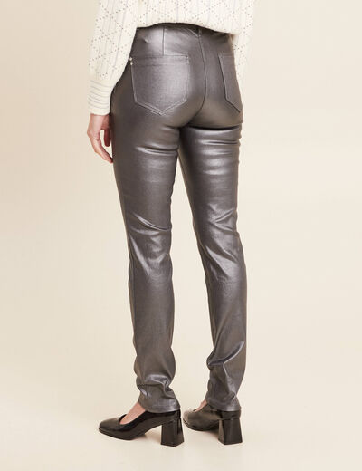 Pantalon ajusté enduit à pont couleur argent femme