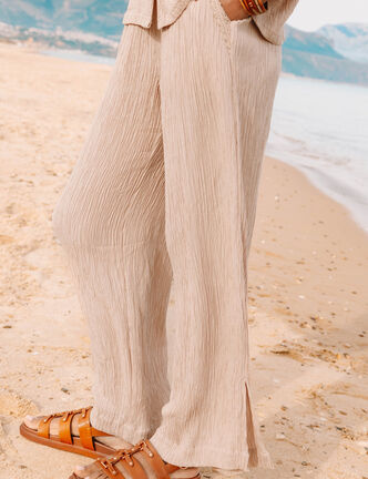 Pantalon large taille haute pliss&eacute; sable femme