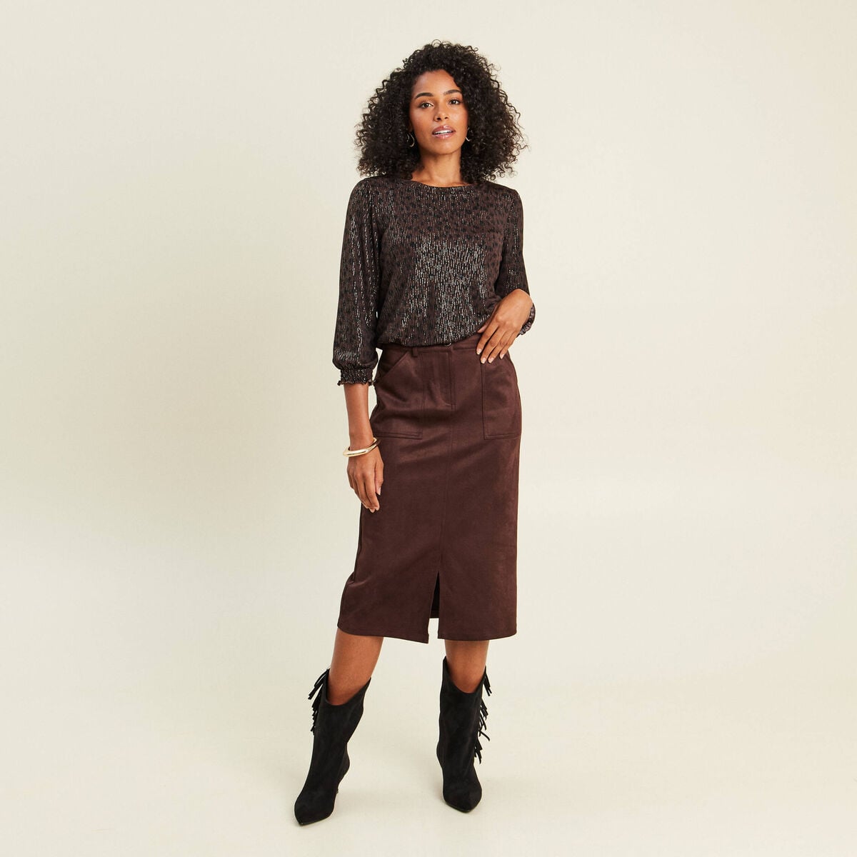 T-shirt col rond manches 3/4 marron fonc&eacute; femme