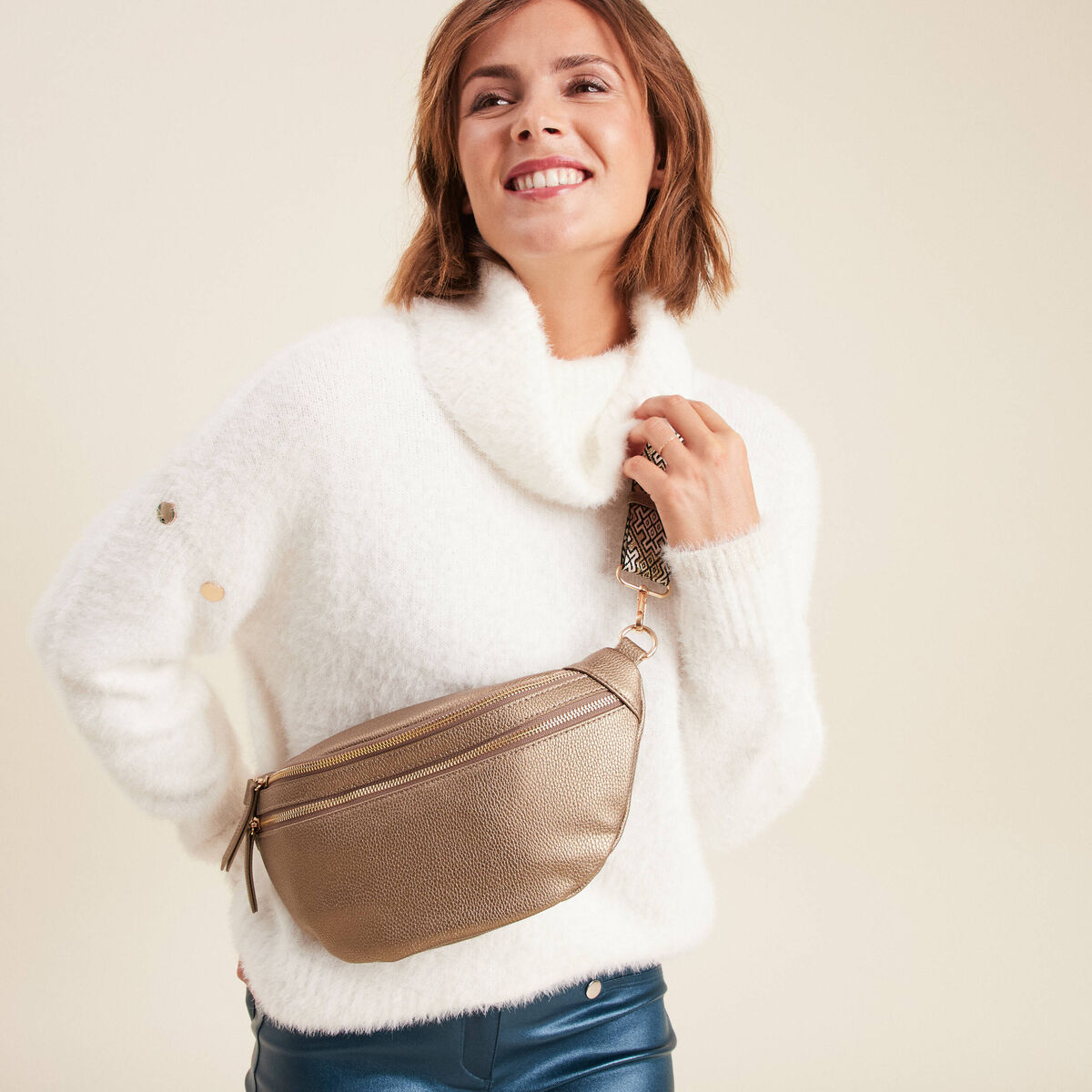 Sac banane zipp&eacute; couleur cuivre femme
