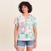 Blouse col tunisien manches courtes bleu femme