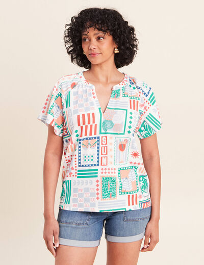 Blouse col tunisien manches courtes bleu femme