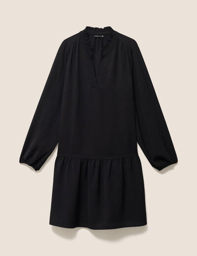 Robe courte &eacute;vas&eacute;e col v manches longues noir femme