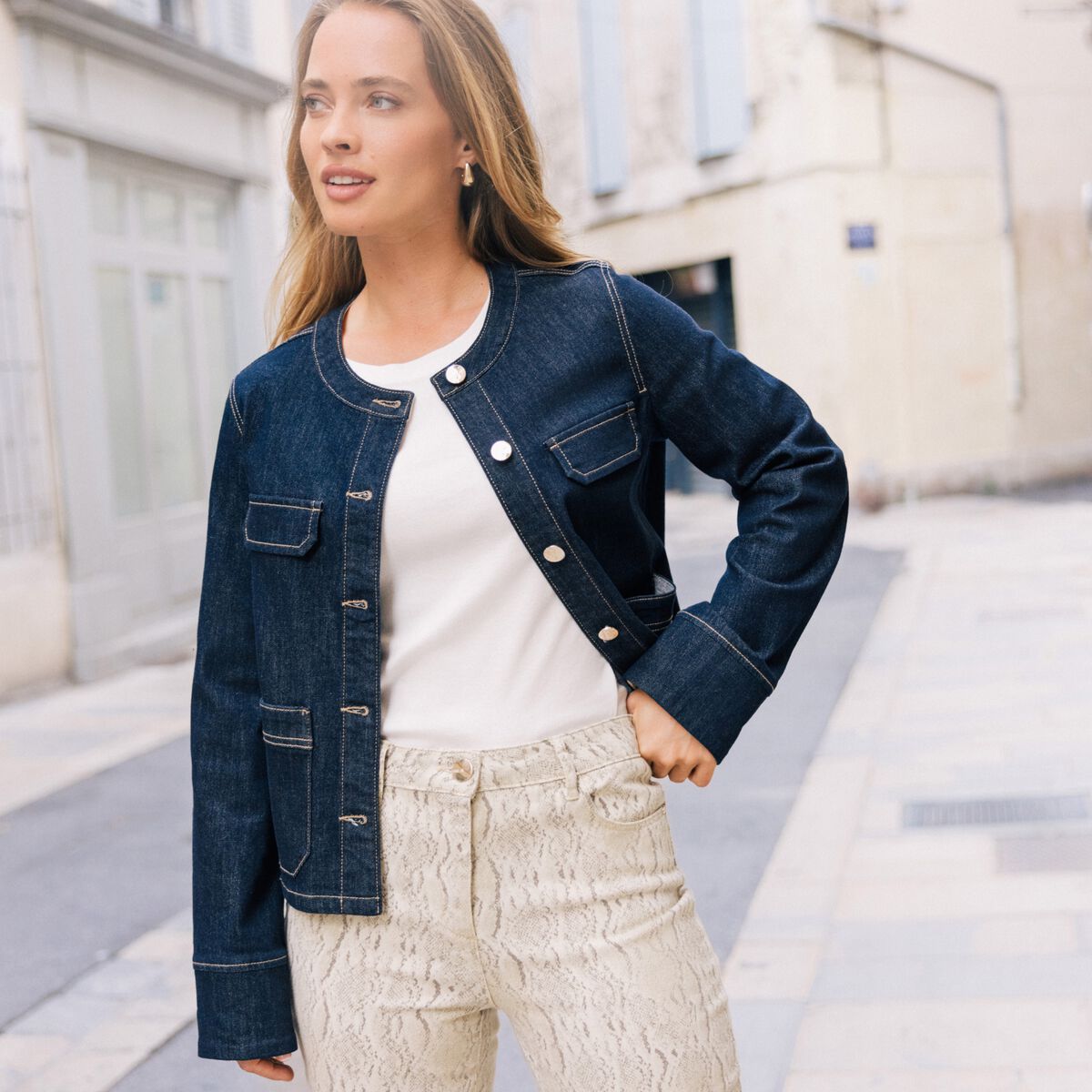 Veste sans col denim brut femme