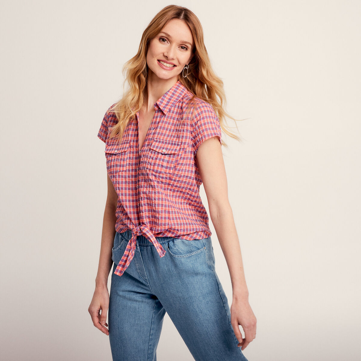 Chemise manches courtes noeud orange femme