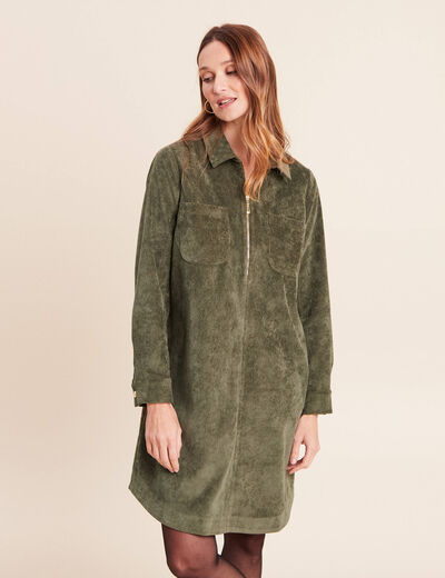 Robe droite courte velours col chemise vert kaki femme