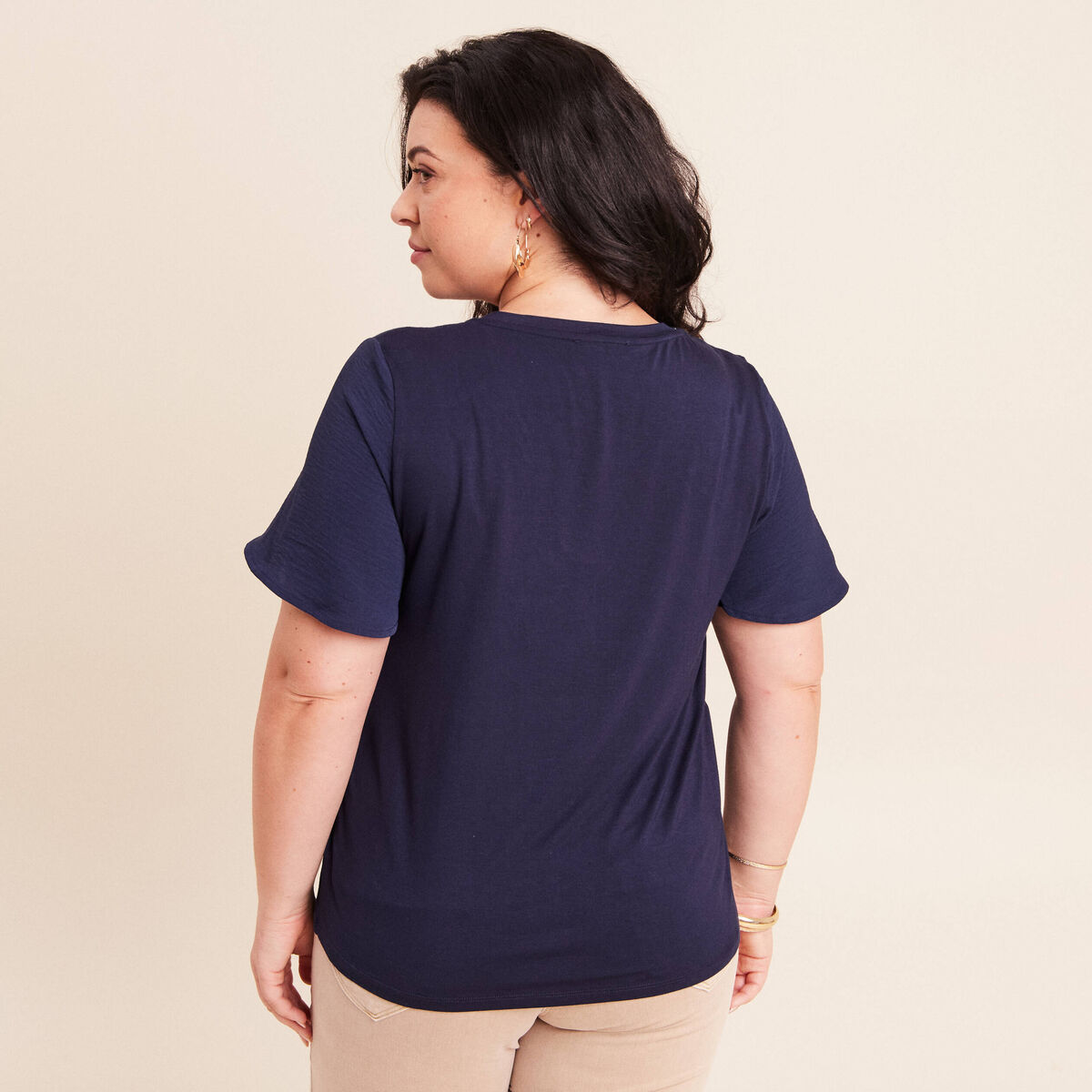 T-shirt bi-mati&egrave;re manches courtes bleu marine femme